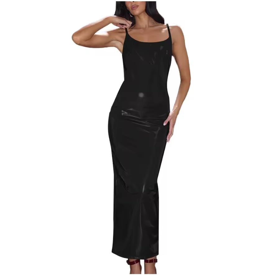 Plus Size Donne Spaghetti Strap Slim Fit Abito PVC Maxi Abiti Femminile Partito Senza Maniche Abito Lungo Personalizzabile