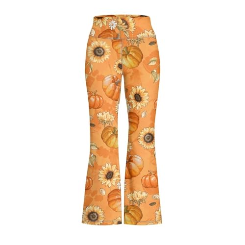 Yruonazao Pumpkin Floral Pants for Girls Yoga Pants Size 7-8 Bell Bottom Pants High Waisted Yoga Bootcut Pants Full Length Bell Bottoms for Yoga,Pilates,Workouts,Running,Cycling