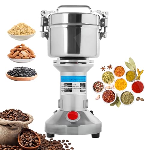 750g Electric Grain Mill Grinder, 2000W High-Speed Stainless Steel Dry Food Grinder, for Grains, Spices, Seeds, Coffee, Herbs & More, Commercial & Home Kitchen Use (22000 RPM, One-Touch Operation)