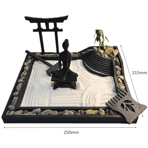 Image of Desktop Zen Garden Set, Japanese Style Meditation Sand Garden in Black PLA with mini Torii Gate and Rake, Table Decor