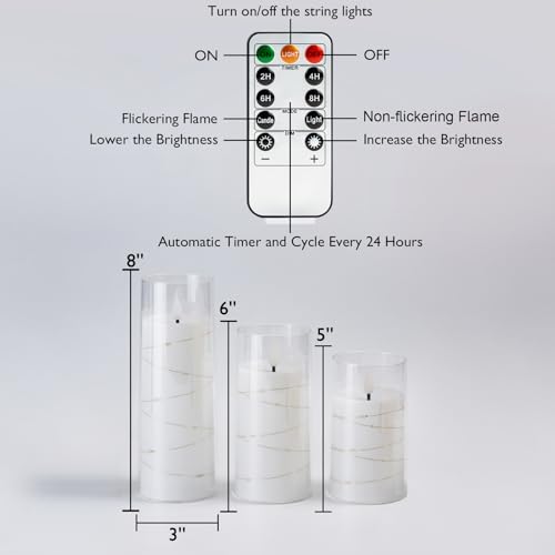 Image of Homemory 9 Pcs Flameless Candles with Embedded Star String Fairy Lights, Battery Operated Candles, LED Candle, Fake Candles with Remote Control and Timer (Ivory)