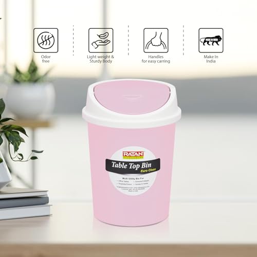 Image of RATAN PLASTICWARE Euro Clean Table Top Medium Dustbin with Swing Lid for Study Table, Desk, Kitchen Sink, Car, Kids Room | Compact and Stylish Waste Storage Garbage Bin - 2 Litre, Pink
