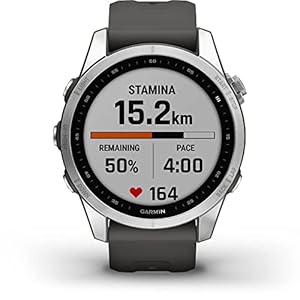 Garmin fenix 7S, smaller sized adventure smartwatch, rugged outdoor watch with GPS, touchscreen, health and wellness features, silver with graphite band, 010-02539-00