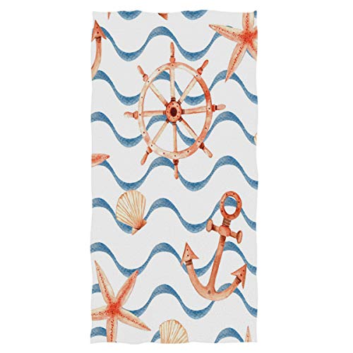 Wamika Nautische Ruder-Ankerhandtücher, Seestern-Gesichtshandtuch, weich, dünn, blau, gewellt, Gästehandtuch, tragbar, Küche, Geschirrtücher, Waschlappen, Einweihungsgeschenke, 40.6 x 76.2 cm Cover