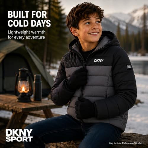 Image of DKNY Boys Winter Jacket, Midweight Puffer Coat, Weather Resistant, Hooded