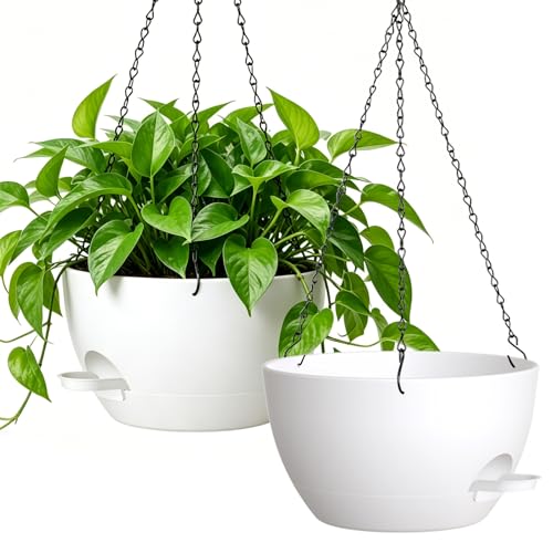 Image of WSMKSZ 33 cm Large Self Watering Hanging Planters Indoor Outdoor, 2 Pack Plastic Hanging Plant Pots with Drainage Holes & Removable Reservoir, Wide Hanging Baskets for Balcony Porch and Flower, White