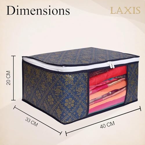 Image of LAXIS Saree Organiser for Wardrobe, Foldable Royal Print Saree Covers for Storage Set with Clear Window & Zipper, (Golden-Navy blue, Pack of 3)