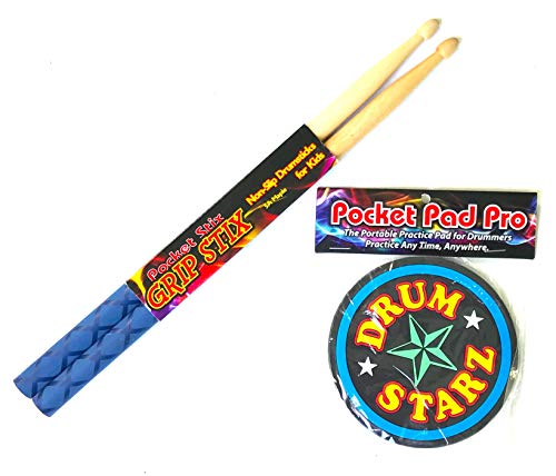 GRIP STIX 13" Long BLUE NON-SLIP GRIP Drumsticks & Pocket Pad Pro STARTER
