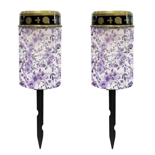 Image of Purple Floral Cemetery Solar Lights Water Resistant LED Flameless Candle Grave Lights Solar Powered Grave Decor Memorial Gift Outdoor Garden Decor Light for Prayer 2 Pcs