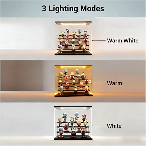 Image of Clear Acrylic Display Case with LED Light, 3 Tier Dustproof Showcase for Collectibles, Figures & Model Cars, Stackable Display Box (White, 12x7x9 in)