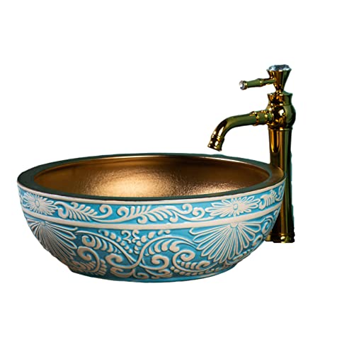 jdzjybqx Lavabo de baño,Lujo Retro Estilo Turquesa y Oro Color Cerámica Lavadero, Solo 1 Lavabo de porcelana Cover