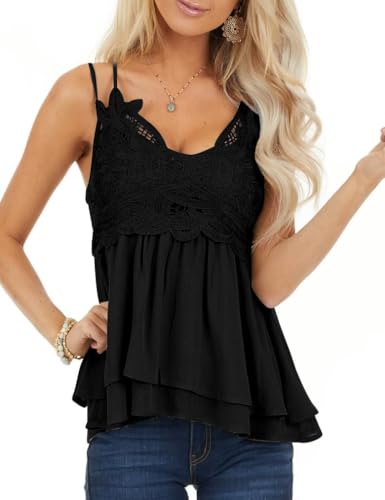 Women's V Neck Sleeveless Lace Trim Spaghetti Strap Camisole Cami Tank Top Black M