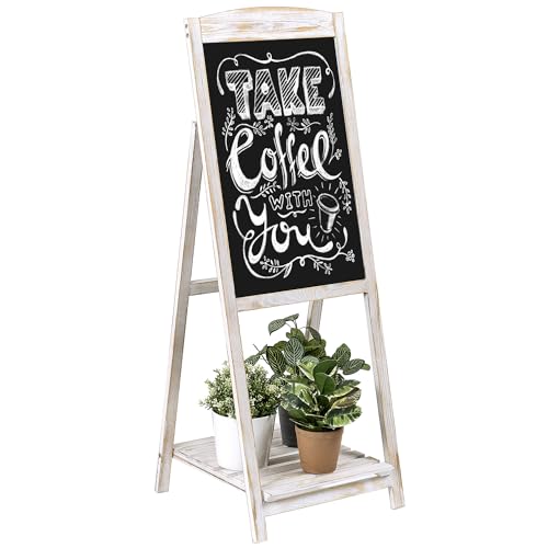 MyGift Shabby Whitewashed Wood A-Frame Chalkboard Easel, 45" Freestanding Decorative Chalkboard Sign with Plant Shelf Stand
