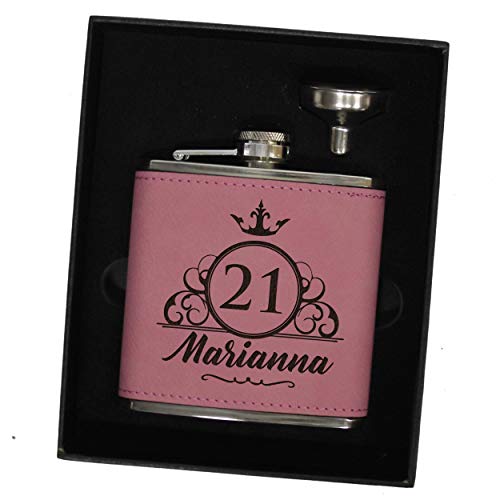 Custom Personalized Twenty First 21st Birthday Flask Set with Funnel (Pink)