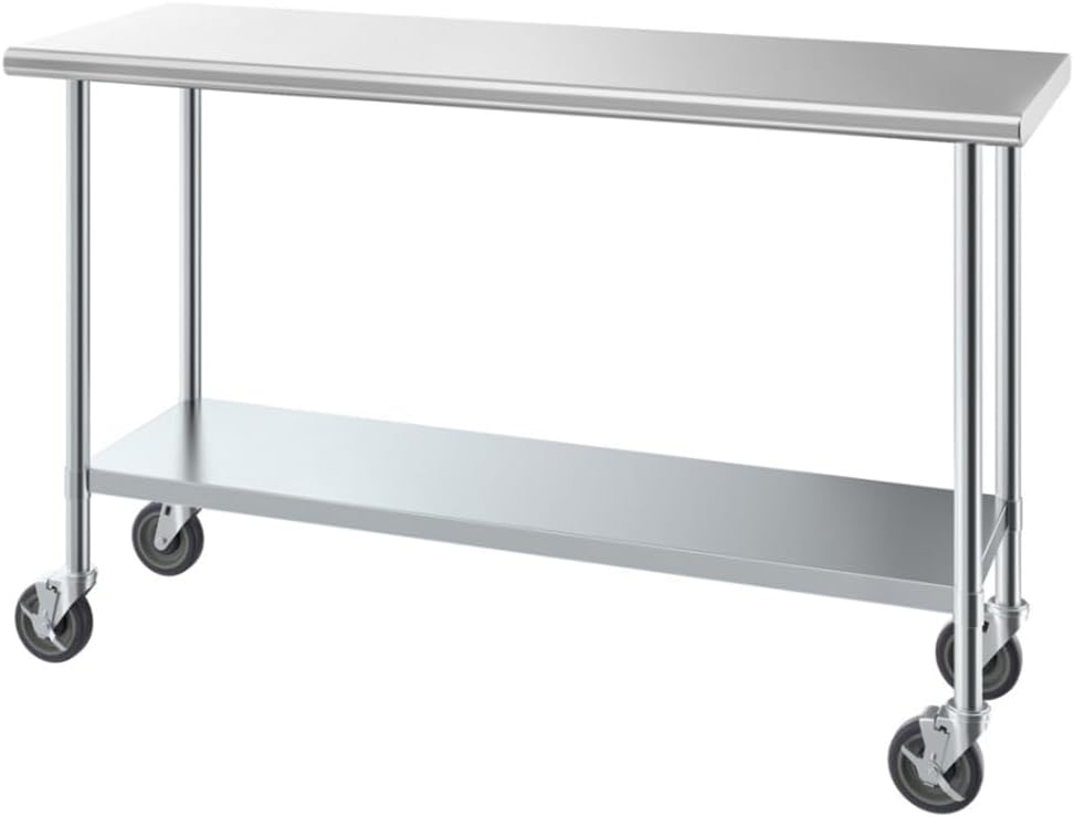 24" x 60" Stainless Steel Work Table with Undershelf and Casters, 430 Stainless Steel Commercial Table, 18 Gauge Metal Kitchen Food Prep Table, Heavy Duty Metal Utility Table, NSF Kitchen Island Cart