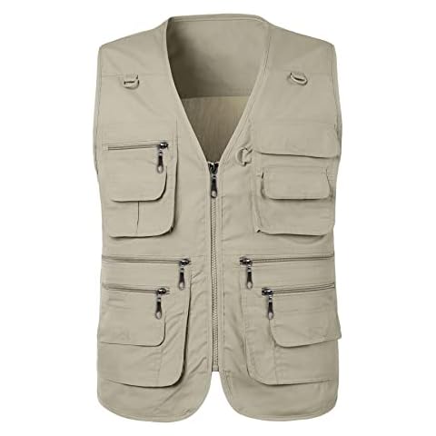 Chaleco de verano multifunción para hombre Luckyone con muchos bolsillos para caza, pesca, camping, senderismo, fotografía en beige XXL Cover