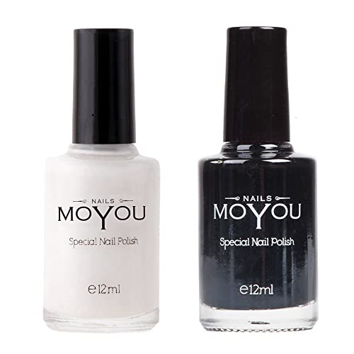 Moyou Nails - Lot De 2 Vernis À Ongles Design Extra Viscose Pour Tampon Facile Utiliser Couleurs Noir Et Blanc Impact Brillance , Noir/Blanc 12 Ml (Lot 2)