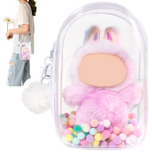 Image of Clear Figure Display Bag with Keychain for Doll, Protective Case for Plush Doll, Clear Hanging Display Cases, Crossbody Doll Storage Bag, PVC Storage Case Cover for Figures Dolls (White, Middle)