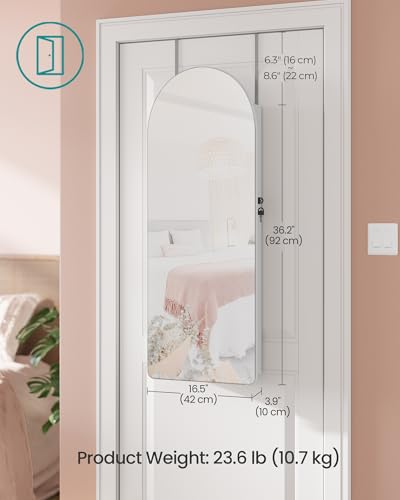Image of SONGMICS Wide Jewelry Organizer, LED Jewelry Cabinet Wall /Door Mounted, Arched Mirror with Storage, Lockable, Rounded Corner, Interior Mirror, 3.9 x 16.5 x 42.5 Inches, Cloud White UJJC020W01
