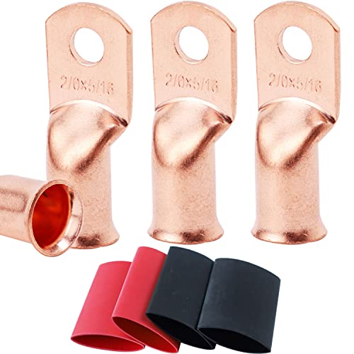 Image of TKDMR 2 /0 AWG-5 /16 inch Battery Lugs - Copper Wire UL Listed Heavy Duty Cable Ends, Tubular Ring Terminals, Crimp Connectors With 3:1 Heat Shrink Tubing