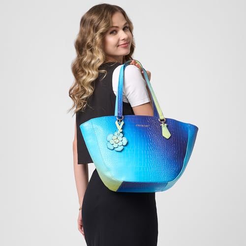 Image of Caprese Marilyn Large Satchel Bag for Women | Croc Pattern Handbag with Flower Charm & 1 Specius Main Compartment | Adjustable & Detachable Strap Shoulder Bag for Women (Blue Ombre)