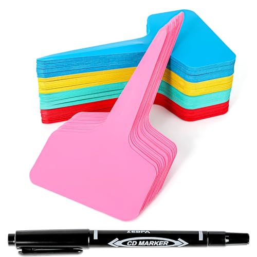 Plant Labels Tags 200Pcs T-Type Plant Markers Plastic Plant Label Garden Labels Tags Plant Labels for Outdoor Garden Waterproof Plant Label Identification Stakes with Permanent Marking Pen 5 Colors