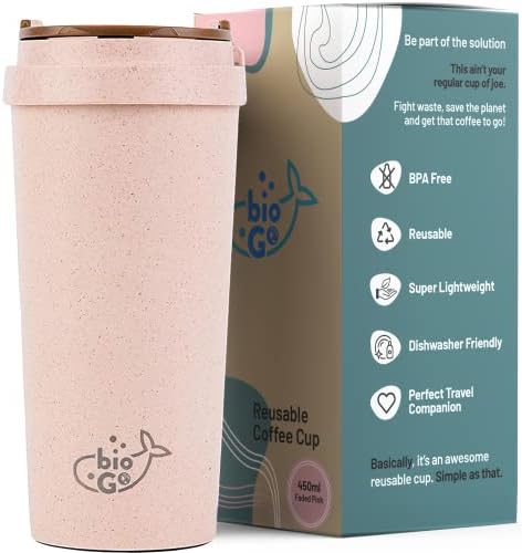 bioGo Reusable Coffee Cups with Lids 16 oz | To Go Portable Coffee Cup | Dishwasher Safe Travel Coffee Mug | Coffee Travel Mug Togo | Plastic Travel Cup | To Go Coffee Mug | Cute Travel Mugs (Pink)