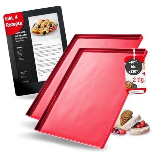Coolinato - Silikon Backmatte mit Rand 2er Set Rot - Backunterlage aus Platinsilikon mit Rand 36,5x27x1cm - Backblech-Auflage mit Auslaufschutz backofenfest bis 230°C & antihaft inkl. 4 Rezepten