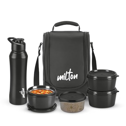 Image of Milton Food Fiesta Tiffin (3 Microwave Safe Inner Steel Containers, 320 ml; 1 Plastic Container, 280 ml; 1 Comet Bottle, 750 ml)With Insulated Fabric Bag, Black, Leak Proof, Odour Proof, Easy to Carry