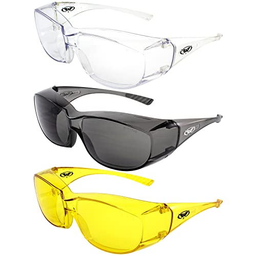 Global Vision 3 Pairs Oversite OTG RX Safety Glasses for Men & Women ANSI Z87.1 Fitover One-Piece Lens w/Clear, Smoke & Yellow Matching Frames - Global Vision