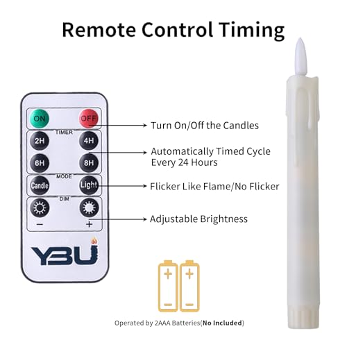 Image of YBU Flameless Taper Candles with Remote 7 Inches Led Candle Sticks with Flickering Light Timer Dimmer Battery Operated Window Candles for Halloween Christmas Decoration 6 Pcs, Ivory