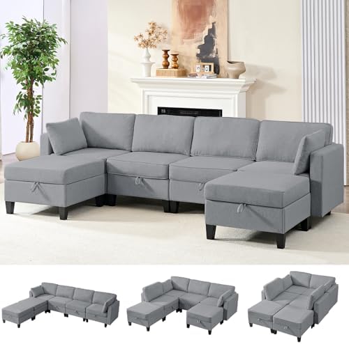 109.4" Modular Sectional Sofa，Linen U Shaped Couch with Storage，C...