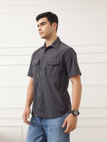 Image of Thomas Scott Men's | Solid | Half Sleeve | Regular Fit | Polyester-Blend | Double Flap Pocket | Spread Collar | Casual Shirt