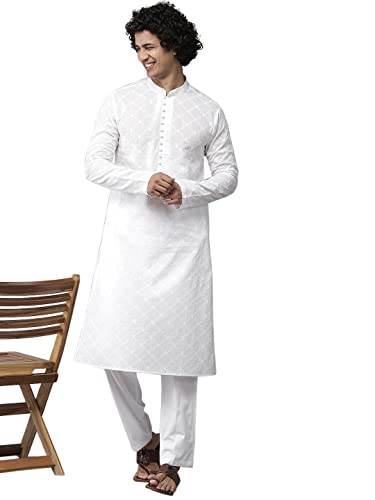Image of See Designs Mens Kurta |White Cotton Embroidered Kurta Set Mandarin Collar Long Sleeves