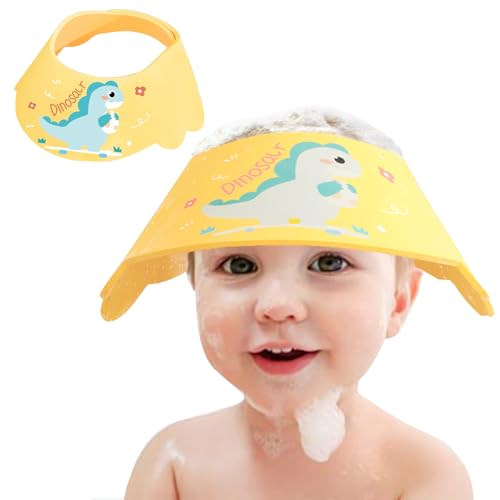 Image of Baby Shower Cap Shield, Soft Adjustable Kids Bath Visor Hat Shampoo Washing Hair Protection Cartoon for Toddler children (Yellow Dinosaur)