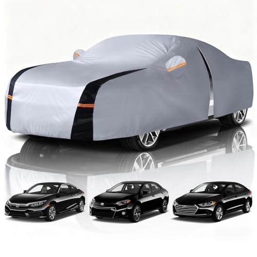 Sedan Car Cover 100% Waterproof All Weather, 10 Layers Outdoor Car Covers for Automobiles - Custom Fit Honda Civic, Hyundai Avante, Nissan Sentra, Kia forte, etc. Sun & Rain Protector. A1 (Size Chart)