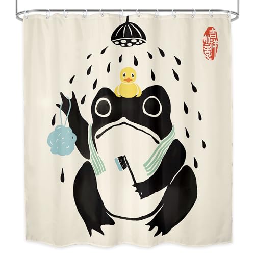 Lghtyro Funny Frog Shower Curtain Bathroom Set 71Wx71H Inches Asian Traditional Japanese Art Cute Animal Bath Style Rubber Duck Bath Accessories Retro Black Beige Art Home Decor Fabric 12 Pack Hooks thumb #7