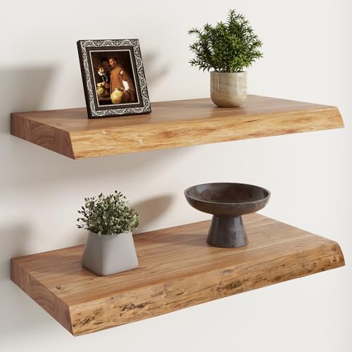 Image of RICHFOCUS Live Edge Elm Floating Shelves - 24 inch W x 9.3 inch D Rustic Solid Wood Wall Shelves with Invisible Bracket, Wall-Mounted for Living Room, Bedroom, Kitchen Storage & Display, Set of 2, Natural