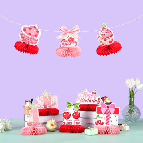 Image of 9pcs Cherry On Top Honeycomb Centerpieces First Birthday Party Table Decorations Sweet ONE Cherry Tabletop Centerpieces for Baby Shower One Year Birthday Cherry Table Topper Sign Decorations