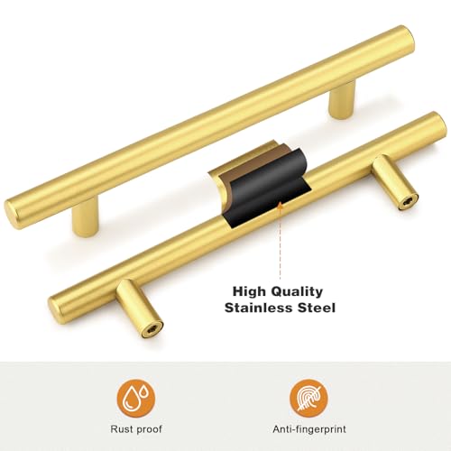 Image of Probrico 10 Pack 5 Inch Center-to-Center Kitchen Cabinet Pulls T Bar Gold Cabinet Handles Modern Drawer Hardware Dresser Pulls, 7-1 /2 inch Total Length