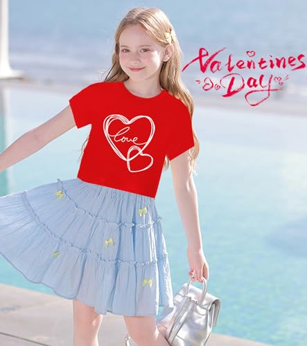 Image of Tkria Girl Crop Tops Valentine Short Sleeve Tshirt Tie Dye Heart Teen Girls Shirt Clothes 6-14 Years
