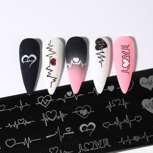 Kit de 6 folhas de carimbos de unhas de coração rosa para Dia dos Namorados com 1 carimbo de silicon