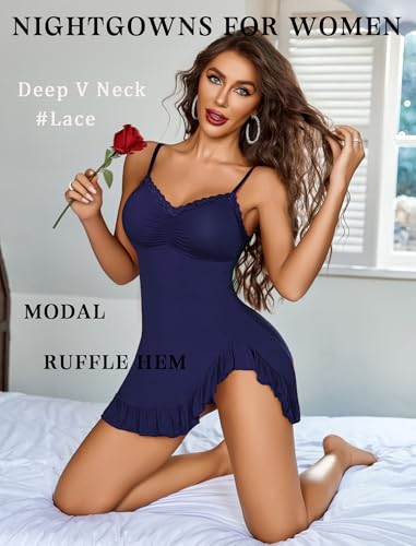 Image of Avidlove Lingerie for Women Sexy Nightgown Modal Nightwear Side Slit Babydoll Chemise Spaghetti Strap nighties