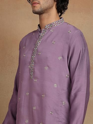 Image of Amazon Brand - Tavasya Men Printed Kurta with Ethnic Motif Border | Special Haldi Kurta | Festive Embellished Long Kurta | Embroidery Kurta | Ethnic Wear | Mandarin Collar | Knee Length