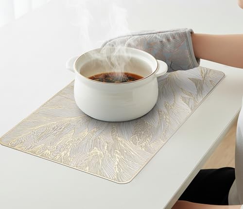 Image of Yellow Weaves 1 Pc PVC Table Placemats, Dining Table Mat, Stain Resistant, Anti-Skid, Waterproof, Washable, Dining, Kitchen, Restaurant Table Set Easy to Clean, Durable (Feather Golden)