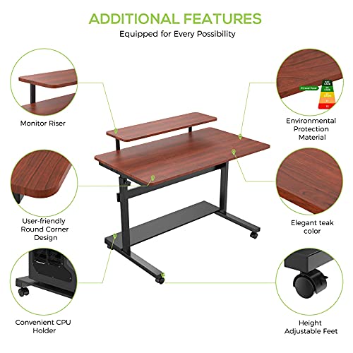 Eureka Ergonomic Mobile Height Adjustable Standing Desk,41 Inch Rolling Stand Up Computer Workstation With Monitor Shelf, Portable Home Office Desk With Wheels,Cpu Stand & Detachable Hutch, Teak #TOP7