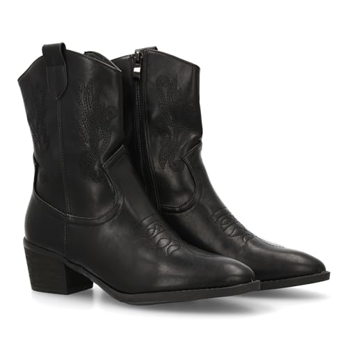 shoes&blues.es 95393 Botin Cowboy con Bordados Laterales y Punta Fina. Tacon Ancho Comodo, Ideal para Mujer en Temporada Otono Invierno. Negro Talla 41