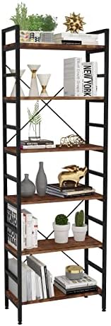 MIOCASA 6 Tier Bookshelf, Adjustable Industrial Bookshelves Organizer, Rustic Wood and Metal Standing Shelving Unit Storage, Tall Display for Living Room, Bedroom and Office