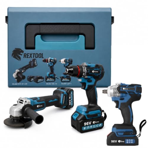 Kit de Herramientas Inalámbricas 3 Piezas, Taladro Percutor, Atornillador de Impacto y Amoladora, con 2 Baterías y Maletín, Juego Profesional para Bricolaje