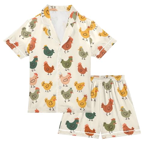 ALAZA Cute Chicken Colorful Pajamas Satin Pajama Set Short Sleeve Button Down Sleepwear